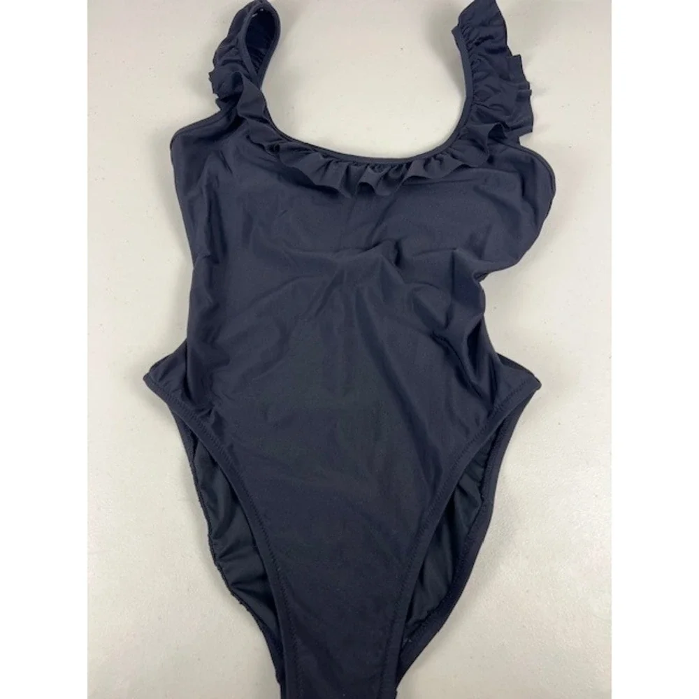 J.Crew Womens Ruffle Scoop Neck One‎ Piece Swimsuit Black H2789 Size 6